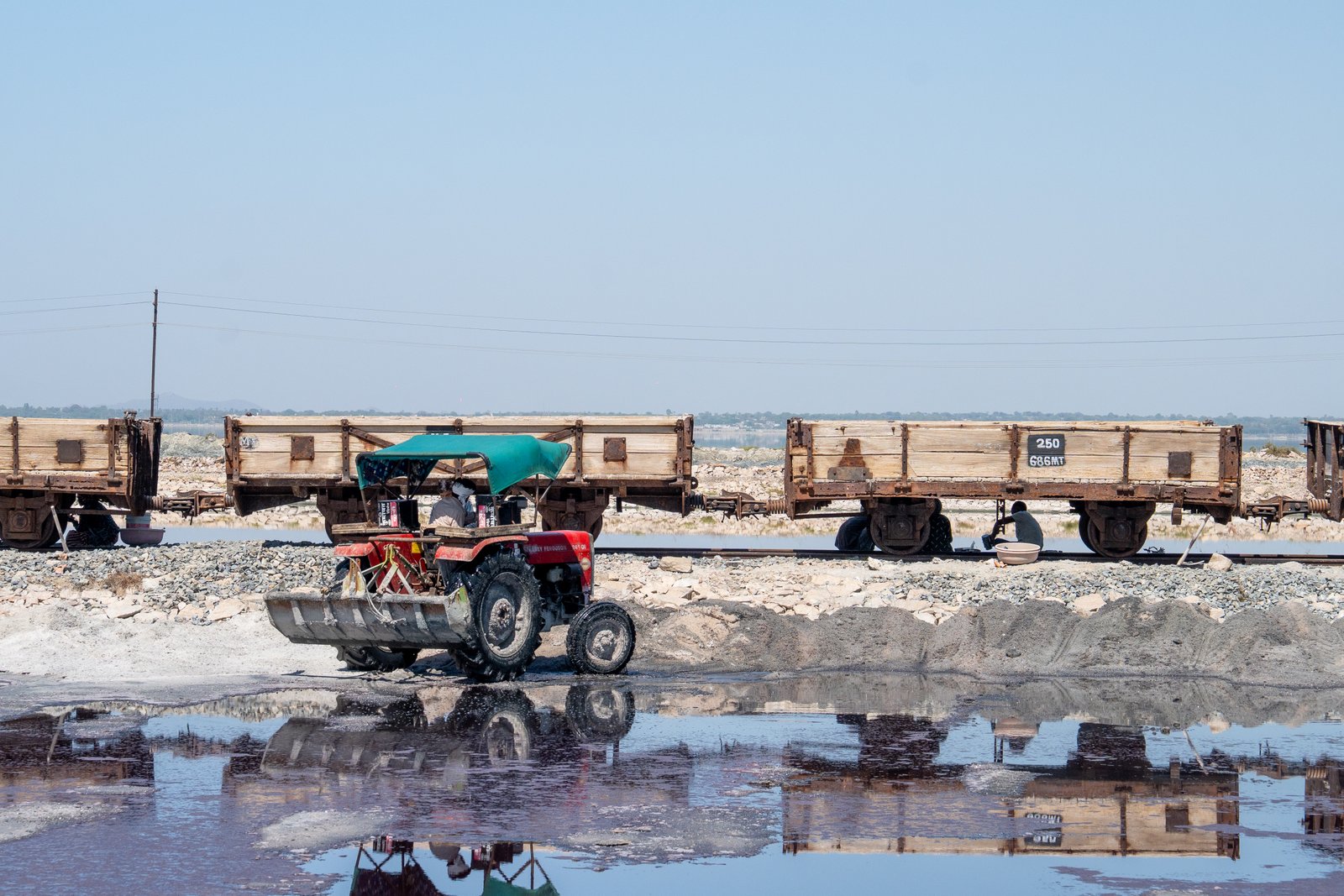 Salt harvesters at work on the brine beds of Sambhar Lake, traditional tools in hand