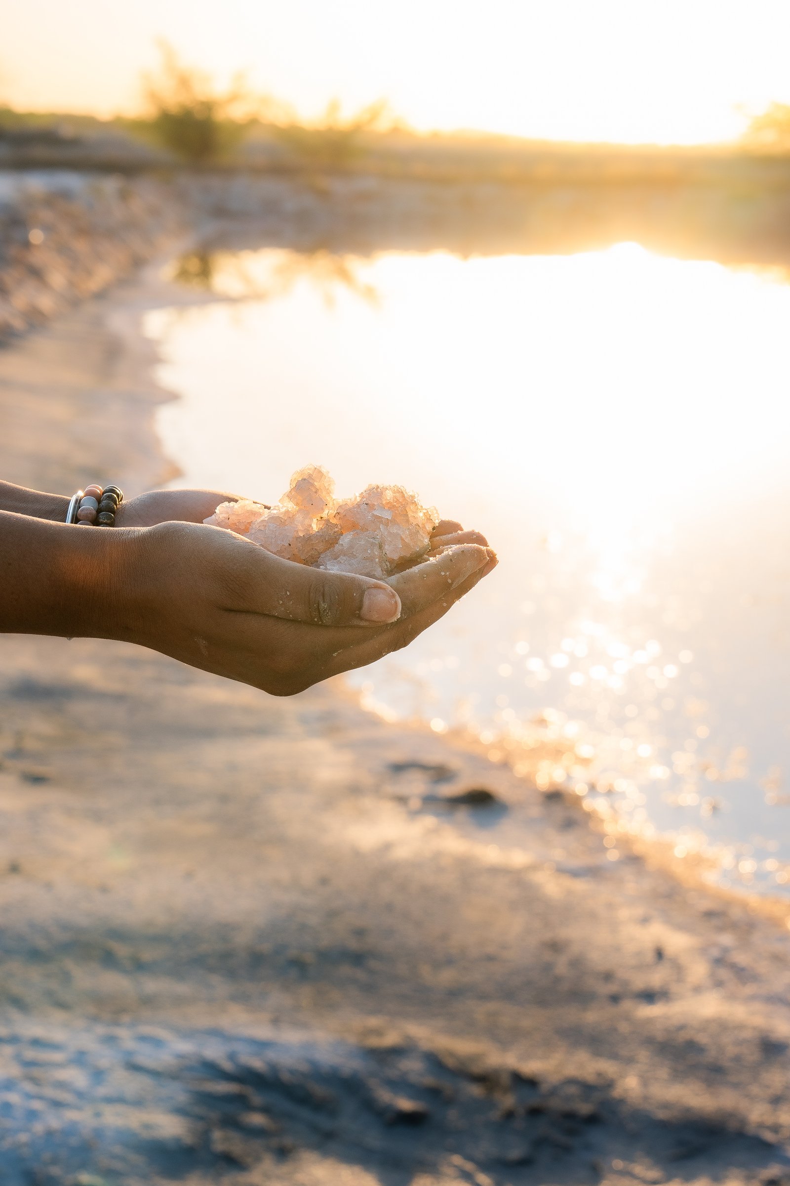 Hands offering pink salt crystals at golden hour — Ayurveda's Lavanam mineral healing tradition